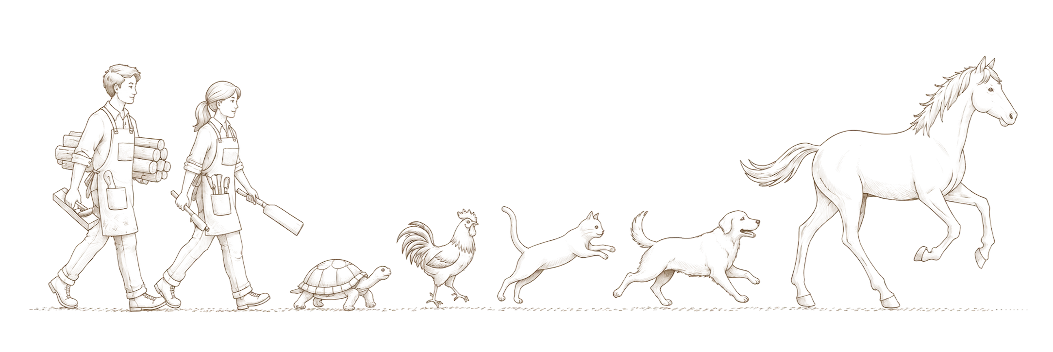 道具を持った人と動物たちが並んで歩くイラスト